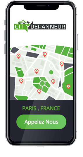 Téléphone affichant un plan de Paris et le bouton Appelez-nous